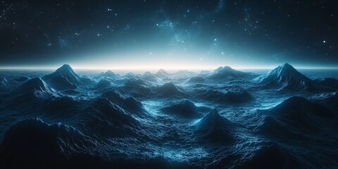Wall Mural - celestial oceanic landscape with mystical mountains and a tranquil depths under a cosmic horizon