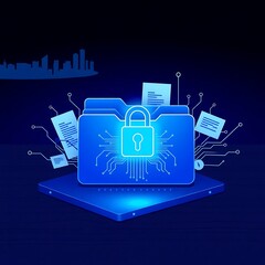 Poster - A glowing padlock secures a folder with a dark cityscape
