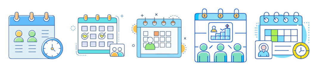 Aufkleber - Five distinct calendar icons illustrating appointment scheduling, meetings, and time management