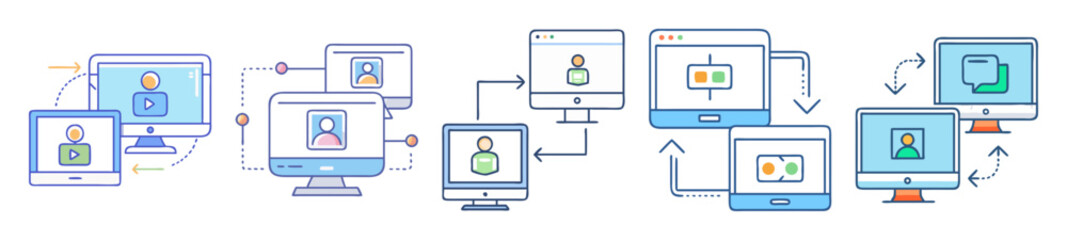 Fototapete - Data transfer between digital devices including tablet, computer and mobile, with arrows