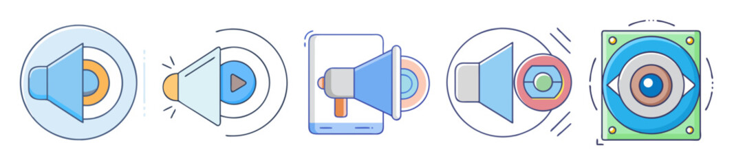 Poster - Vector Graphics of Sound Symbols and Megaphone Icons for Web Design