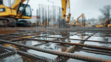 Close-Up of Steel Rebar Grid on Wet Concrete Foundation – Construction Site with Vertical Rods in Background


