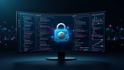 Poster - Cybersecurity concept with lock on computer screen for data protection