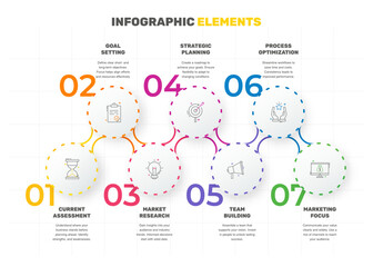 Modern and simple flat vector illustration. Infographic template with seven circles, elements, sectors and percentages. Designed for business, presentations, web design, interface 7 step diagrams