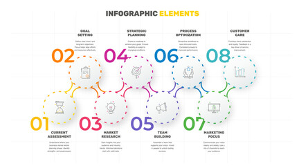 Modern and simple flat vector illustration. Infographic template with eight circles, elements, sectors and percentages. Designed for business, presentations, web design, interface 8 step diagrams