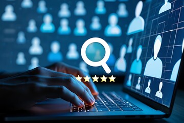 Fototapete - Hands typing on a laptop keyboard with a glowing search icon and star ratings representing online search and customer feedback in a digital network of people