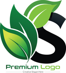 Poster - Modern abstract logo design featuring green leaves and a stylized black letter s representing nature and growth isolated on transparent background