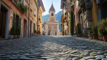 Poster - Old town scene with cobblestone street and historic clock tower in the background, suitable for travel or architecture projects