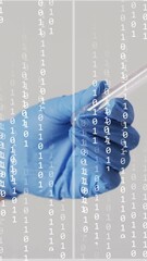 Poster - Gloved hand holding test tube over binary code animation