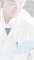 Poster - Scientist holding tablet and plant samples, scientific data animation over lab scene