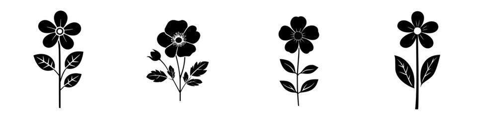 Poster - Black floral icons featuring various designs with leaves and different flower types displayed on a white background