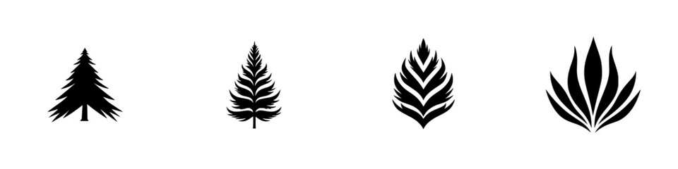 Poster - Stylish black icon set featuring various tree and leaf silhouettes for graphic design projects