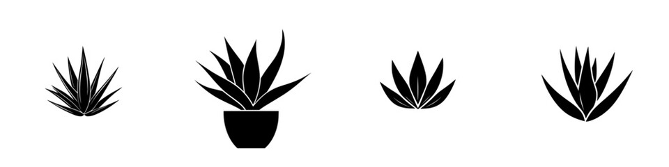 Poster - Multiple black plant icons representing various shapes and sizes of succulent plants arranged in a layout suitable for digital design purposes