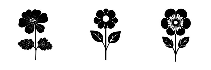Poster - Floral black icons featuring three different flower designs in a minimalist style