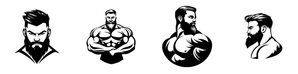 Poster - Various black icons illustrating muscular men with distinctive beards showcasing strength and confidence in stylized designs