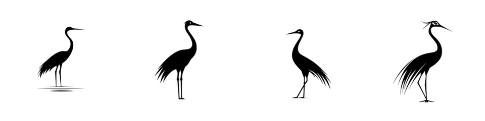 Poster - Black icon of various crane silhouettes showing different poses and stances in a minimalist design