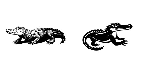 Poster - Black icon featuring stylized alligator and dinosaur designs for creative projects and graphic design applications