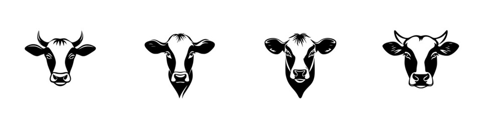 Poster - Various black cow icons showcasing distinct styles and expressions in minimalistic design fitting for branding or graphic use