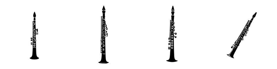 Poster - Black icon of musical instruments showcasing an oboe design in four action poses for artistic representation and visual clarity