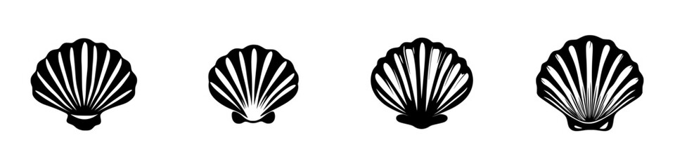 Poster - Collection of black shell icons arranged in a line showcasing various shapes and designs on a white background