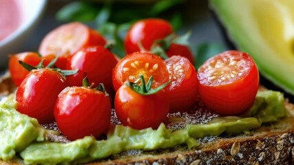 Poster - Freshly baked bread topped with ripe tomatoes and creamy avocado, perfect for a healthy snack or light meal