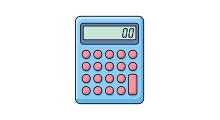 A simple blue pixel art calculator with pink buttons and a green display screen