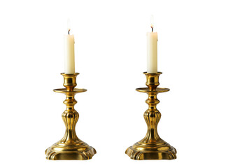 Poster - A pair of vintage brass candlesticks with lit candles, isolated on a transparent background
