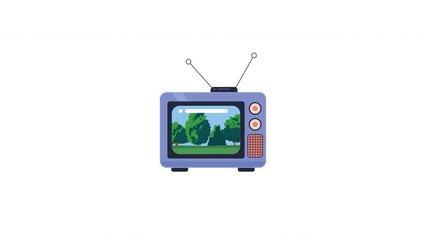 Fototapete - Retro TV displaying green trees park landscape 2D cartoon object animation. Vintage television with antennas. Nature onscreen. Nostalgia revival animated flat colorful item 4K video isolated on white