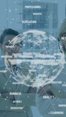 Poster - Global network and business keywords animation over diverse business team in office