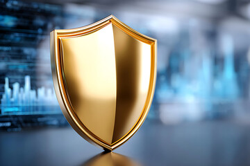 Poster - Golden Shield Symbolizing Protection in a Modern Digital Setting During Daytime