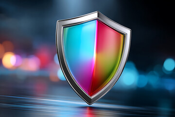 Poster - Colorful Shield Design Presented in a Futuristic Digital Environment With Glowing Effects