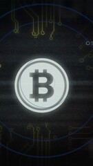 Poster - Bitcoin symbol with circuit lines and binary code, cryptocurrency animation