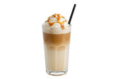 A tall glass of iced coffee with whipped cream, caramel drizzle, and a straw, isolated on a transparent background
