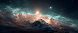 © Fatima Sial - Celestial Mountain Majesty: A stunning celestial panorama unfolds, with a snow-capped mountain range piercing through swirling nebulas. The bright light emanating from behind the peak.
