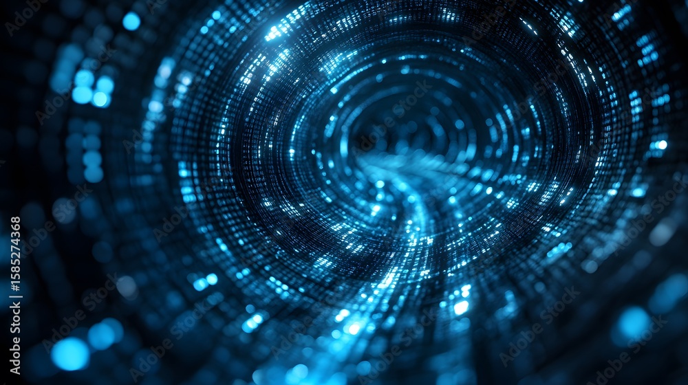 Digital tunnel effect with glowing blue particles.