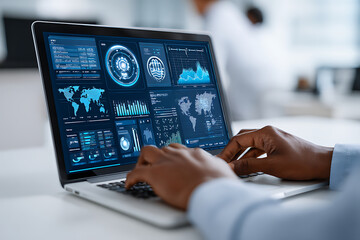 Poster - Data Analysis and Visualization Being Performed on a Laptop in a Modern Office Environment During Daytime