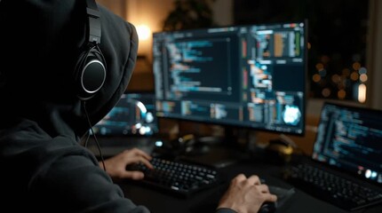 Poster - A person wearing a hood and using a computer.