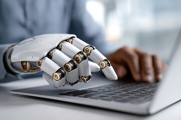 Poster - Robotic Hand Interacts With Laptop Keyboard in Modern Workspace During Daytime