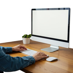 Person using computer with blank screen at desk isolated on transparent background