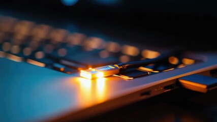 Poster - Close-up shot of a laptop keyboard with a light on, suitable for illustrations about technology and work