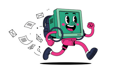 Fototapete - Illustration of a cheerful cartoon computer character with a backpack runs fast, with papers and envelopes flying behind isolated on transparent background