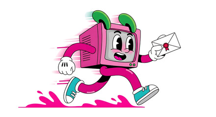 Fototapete - Illustration of a retro computer character with rabbit ears running with an envelope isolated on transparent background