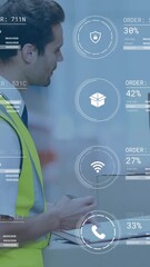 Poster - Checking inventory with data analytics animation, warehouse worker tracking metrics
