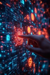 Poster - Hand interacting with illuminated futuristic touchscreen interface in dark environment