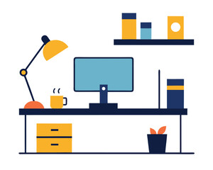 Fototapete - A modern desk with computer and lamp isolated on white background Ai Generated