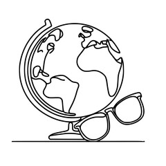 Aufkleber - Single line outline vector of a globe with sunglasses beside it  