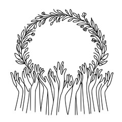Poster - Hands reaching toward a leafy wreath in single line outline style  