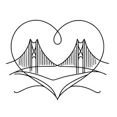 Poster - Heart-shaped outline of a bridge and river on white background  