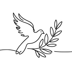Poster - Dove flying with olive branch in single line outline vector peace day  