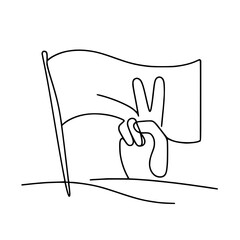 Poster - Hand holding a peace sign with flag in a single line outline style  